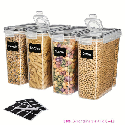 Lot de 8 récipients de stockage alimentaire transparents avec couvercles (4 bocaux + 4 couvercles, 4 L) – Boîtes de cuisine hermétiques anti-humidité pour céréales, riz, grains de café, noix, thé, sel et épices