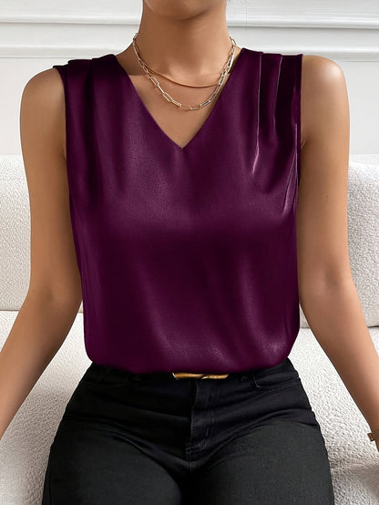 Women's Solid Color Sleeveless V-Neck Backless Blouse Top – 95% Polyester Stretch Elegant Party Top for Wedding, Holiday & Special Occasions