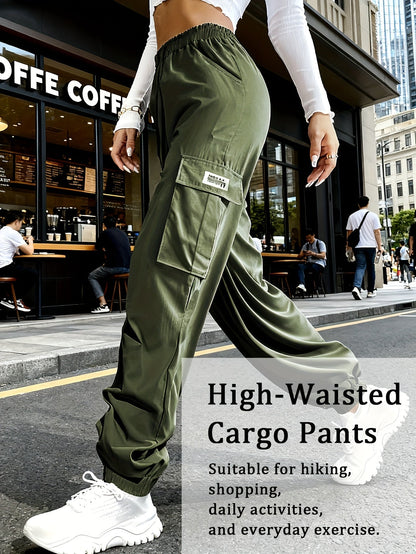 Pantalon cargo pour femme avec poches zippées – Taille élastique à cordon de serrage, grandes poches, pantalon décontracté pour l'extérieur, noir, gris, vert, bleu, XS-XXL