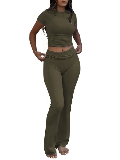 Ensemble deux pièces pour femme - T-shirt ajusté à manches courtes et col rond & pantalon moulant à pattes d'eph, tenue décontractée unie pour le quotidien, tailles XS-XL