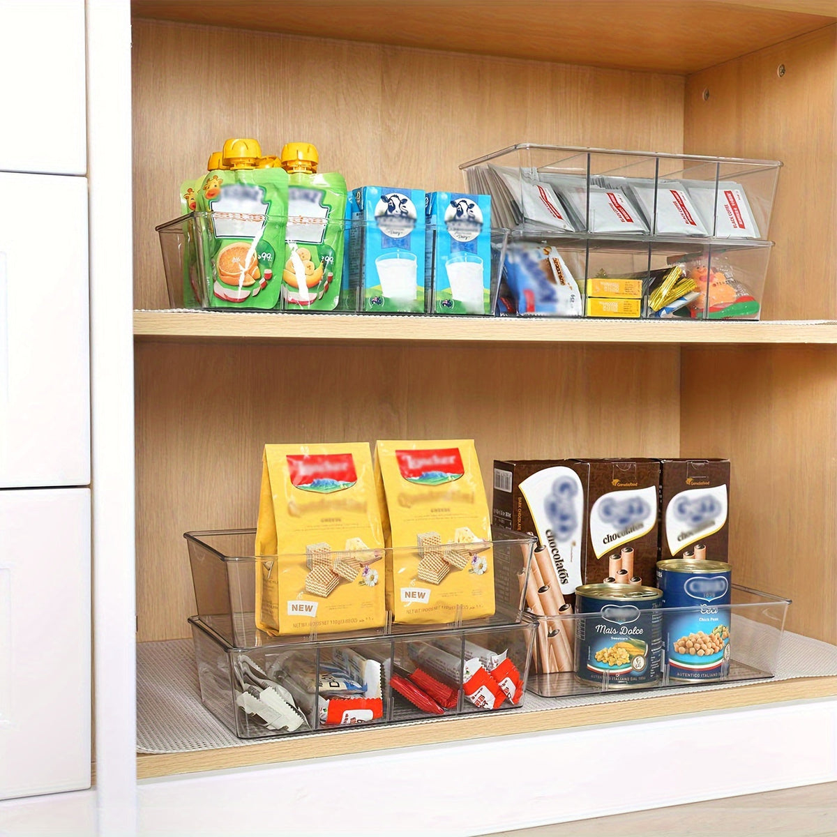 Ensemble de 6 bacs de rangement transparents en plastique pour cuisine, réfrigérateur, placard, garde-manger, snacks, épices et sachets de condiments
