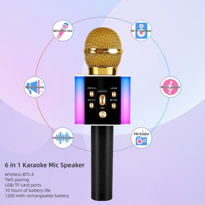 Microphone karaoké sans fil 5-en-1 avec haut-parleur intégré, lumières LED et changeur de voix – Micro de chant Bluetooth portable pour fêtes, réunions de famille, voyages et activités en plein air, 10 couleurs