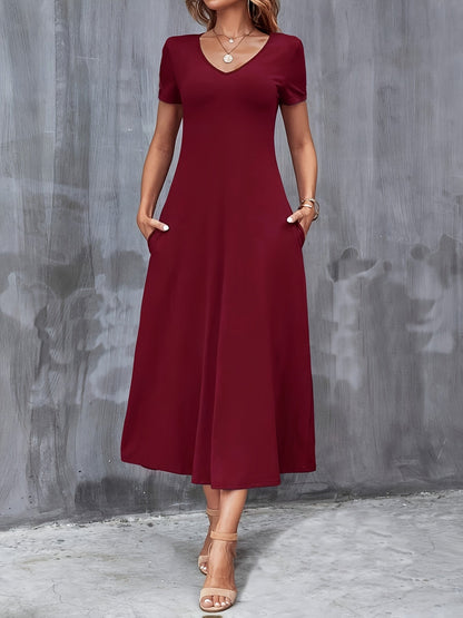V-Neck A-Line Dress with Pockets Women Short Sleeve Casual Solid Color Knit Stretch Machine Washable Blue Black Navy Burgundy Olive Dark Green S M L XL XXL