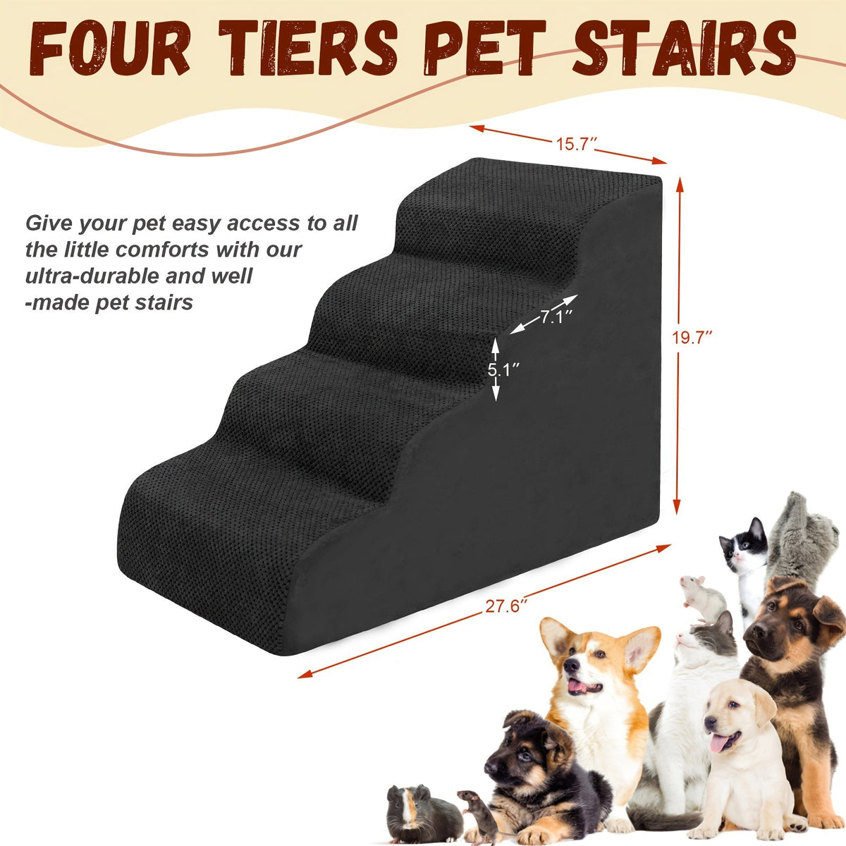 Escalier pour chien en mousse à mémoire de forme, 2, 3 ou 4 marches avec base antidérapante et housse lavable – Marches de soutien pour canapé et lit, idéal pour chiens âgés et chiots, plusieurs couleurs disponibles