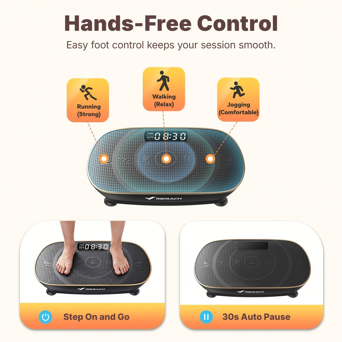 Plaque vibrante MERACH CV30 Pro, plateforme d'exercice corps complet à détection automatique avec haut-parleur Bluetooth, bandes de résistance, 10 niveaux de vitesse, écran LED, capacité de 150 à 200 kg – Appareil de fitness pour domicile