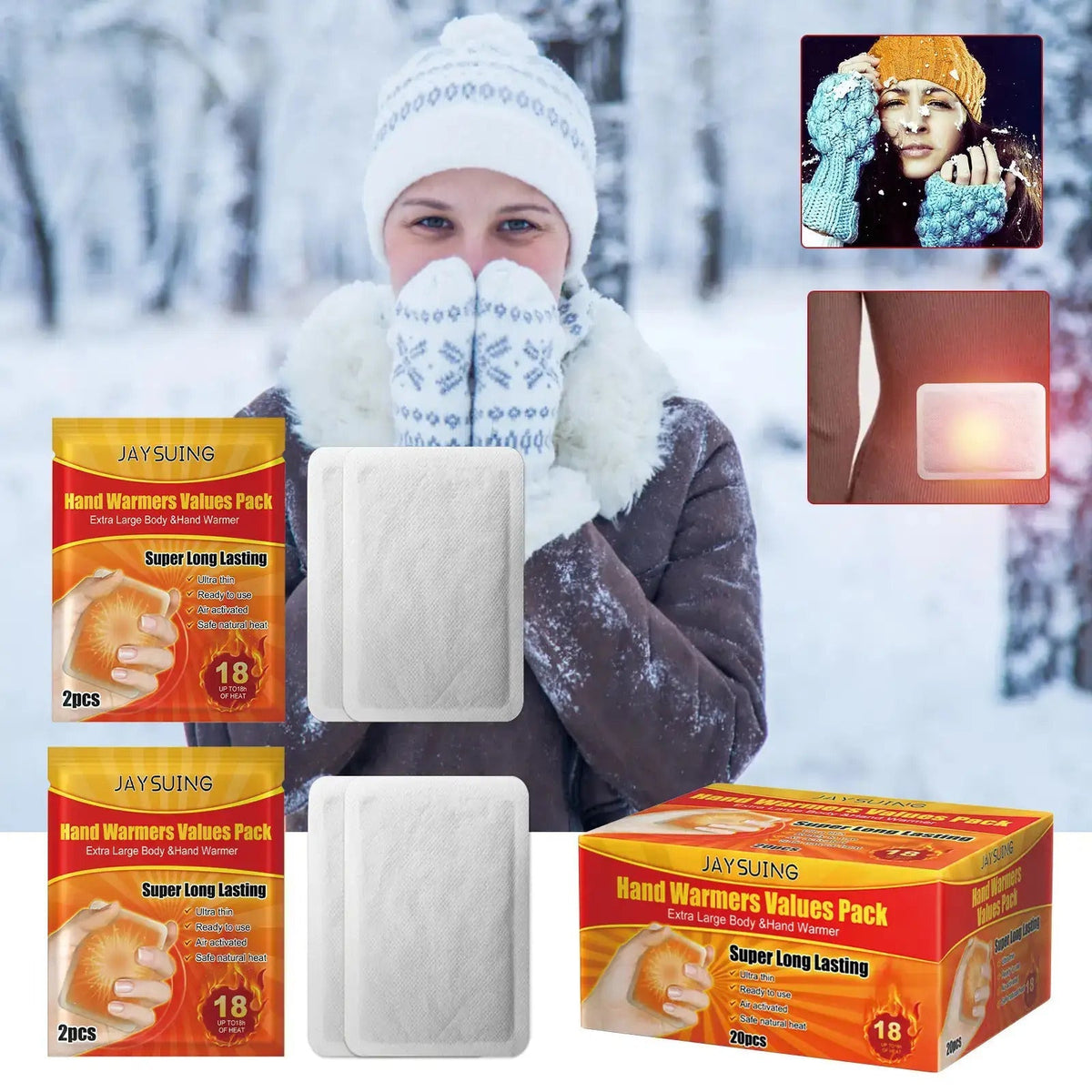 Chauffe-mains, paquet de 20, inodores, 10 heures de chaleur, jetables, respirants, sûrs pour les bébés, pour l'hiver, les activités en extérieur, les voyages, le camping, le ski et le coucher