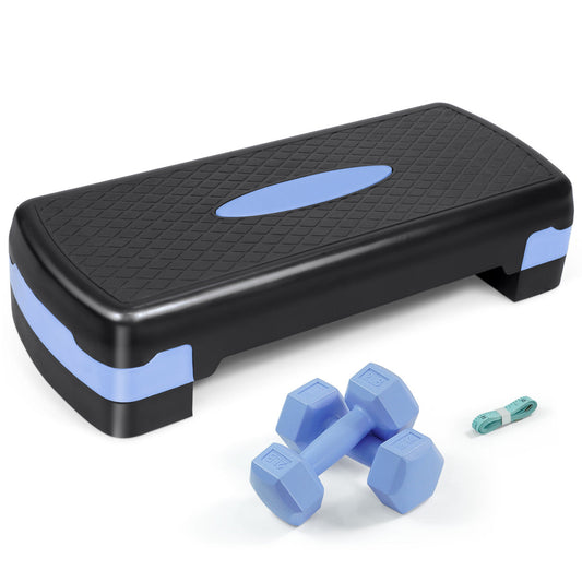 Aerobic Stepper Set with 2 Dumbbells & Measuring Tape – Adjustable Height 4"-6" Non-Slip Exercise Step Platform 550LB Capacity, Home Gym Workout Gift, Blue Green Pink