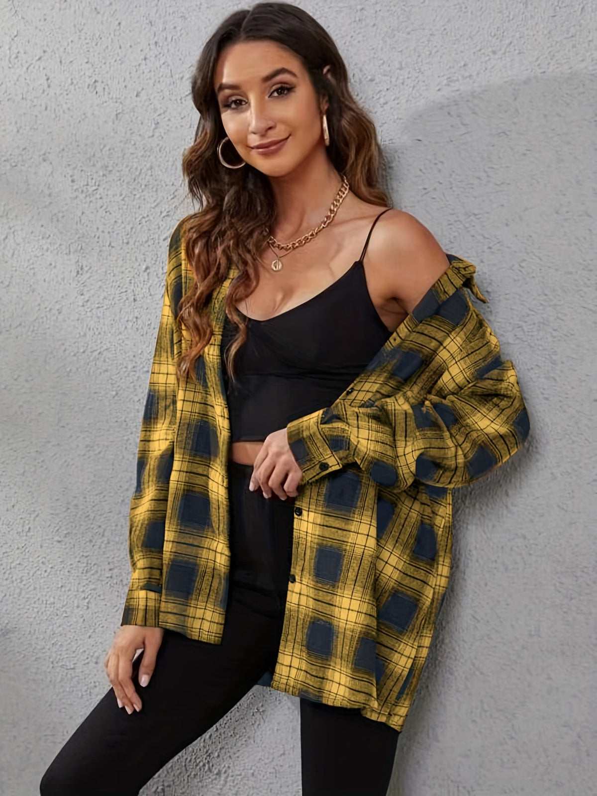 Chemise boutonnée à carreaux vichy pour femme, chemisier décontracté à revers, manches longues, poignets fendus, coupe ample, XS-XXL