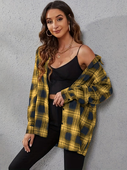Chemise boutonnée à carreaux vichy pour femme, chemisier décontracté à revers, manches longues, poignets fendus, coupe ample, XS-XXL
