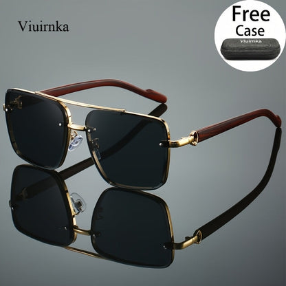 Lunettes de soleil carrées UV400 avec étui pour hommes et femmes – Monture rétro à double pont effet bois, lunettes unisexes style polarisé pour la conduite, les voyages, la plage et le style urbain, 7 couleurs