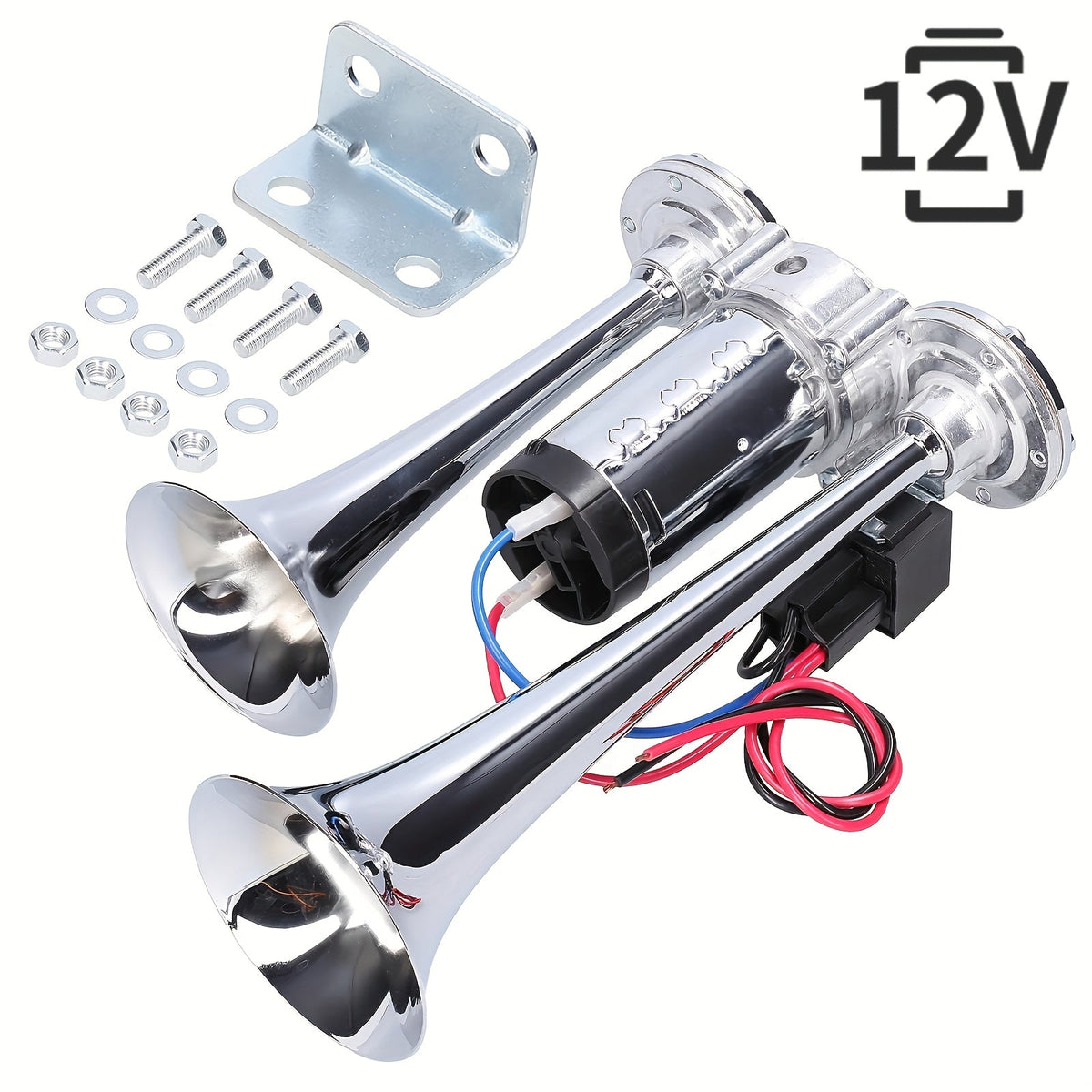 Avertisseur sonore double tube ultra-puissant 130 dB 12 V/24 V – Alliage d'aluminium avec compresseur, installation rapide pour camions, SUV, motos, bateaux et véhicules tout-terrain