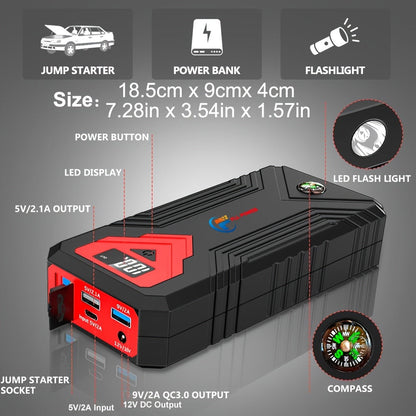 Démarreur de batterie portable pour voiture 1600A–3000A 12V – Booster d'urgence compact pour moteurs essence et diesel avec ports de charge USB et lampe de poche LED