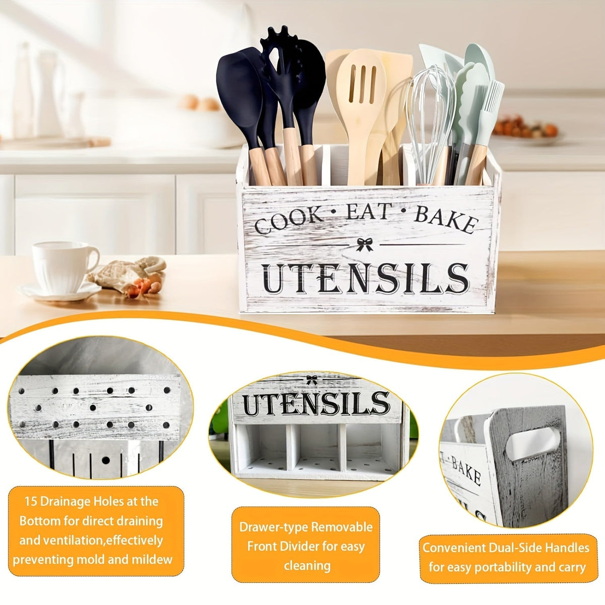 Organisateur d'ustensiles de cuisine rustique en bois avec poignée et 3 compartiments – Rangement pour comptoir ou mural pour outils de cuisine, de pâtisserie et de salle à manger – Rangement de cuisine style ferme en blanc et noir