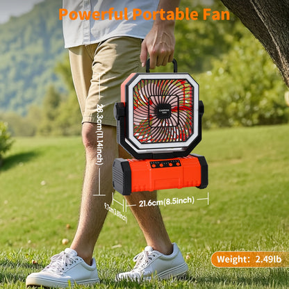 Ventilateur de camping portable 20 000 mAh avec télécommande, lumières LED, 4 vitesses et rotation à 360° – Ventilateur oscillant rechargeable sur batterie pour camping en plein air, camping-car et voyage