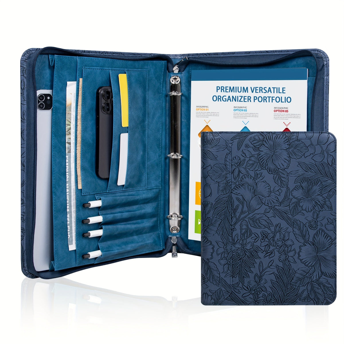 Classeur à anneaux avec fermeture éclair en cuir vegan, format A4, avec pochette pour ordinateur portable, organisateur de travail pour femmes et hommes