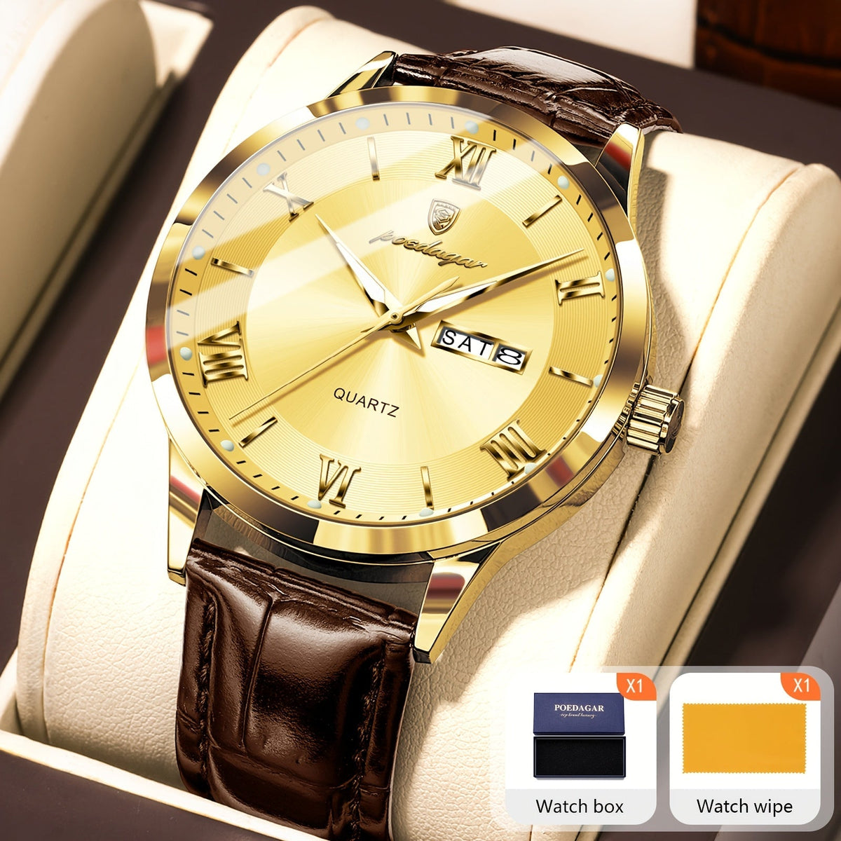 Montre à quartz pour homme POEDAGAR, étanche, cadran lumineux, affichage du calendrier et de la semaine – Montre-bracelet analogique de sport décontracté, boîtier en alliage, 11 couleurs argent, or, noir, bleu, cadeau pour homme