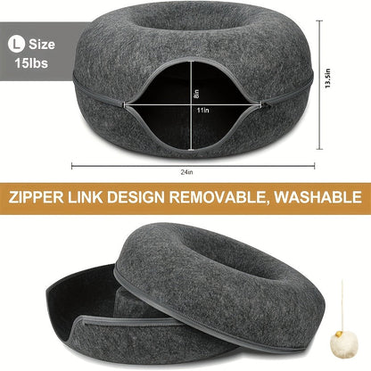 Lit tunnel pour chat en forme de beignet avec jouets à pompons - Cachette nid pour chat d'intérieur, utilisable toute l'année - Lit tunnel douillet pour chats et chatons - Disponible en 50 et 60 cm, gris foncé et gris clair