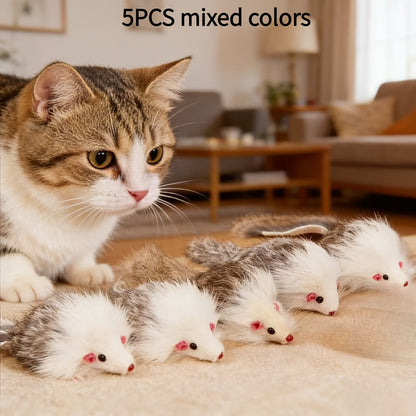 Lot de 3 ou 5 souris en peluche pour chat - Jouets souris réalistes à poils longs avec corps en plastique bicolore, jouets interactifs d'intérieur pour l'exercice des chatons et des chats adultes