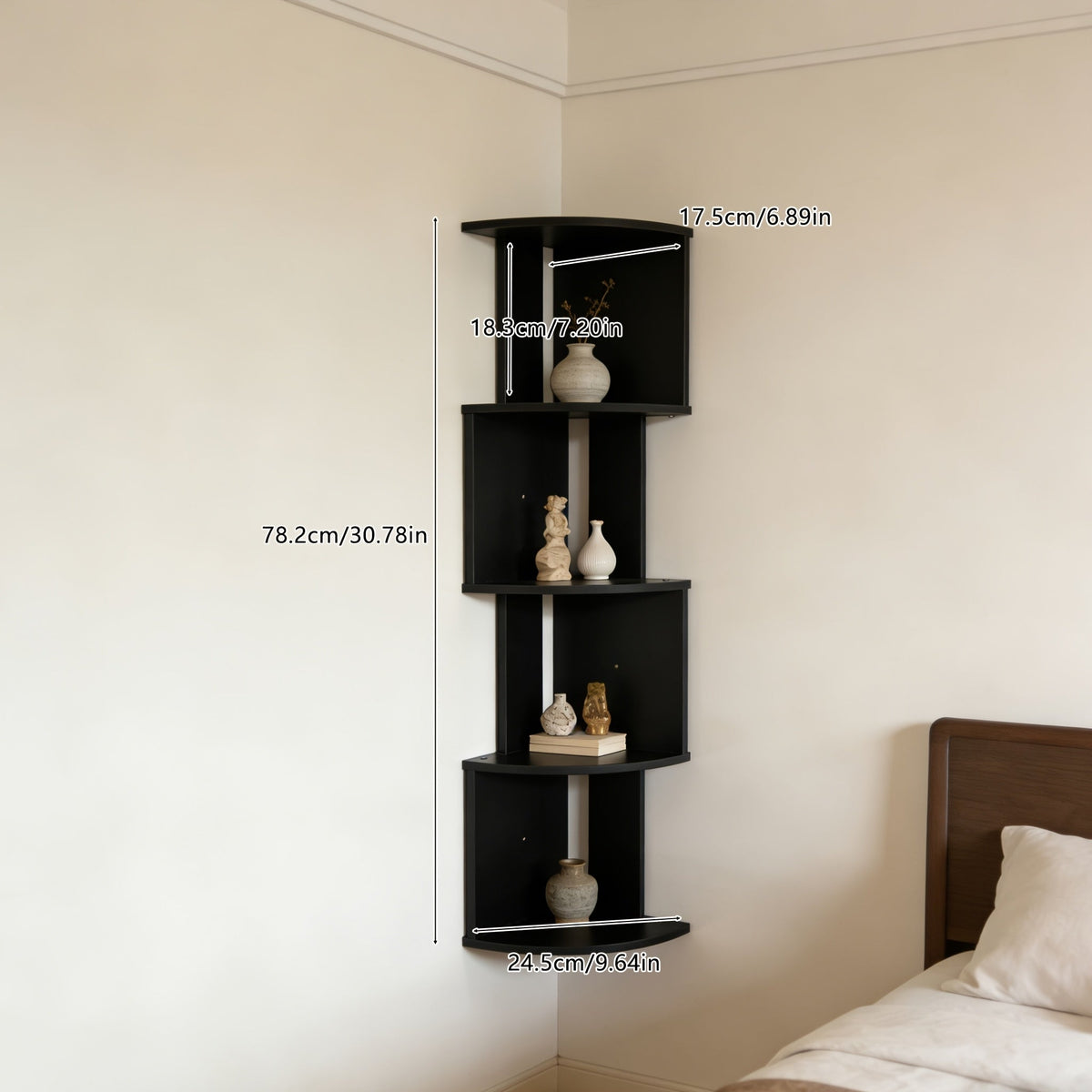 Étagère d'angle murale à 5 niveaux – Bibliothèque flottante et étagère de rangement pour salon, chambre et cuisine, séparateur d'angle gain de place, 5 styles disponibles