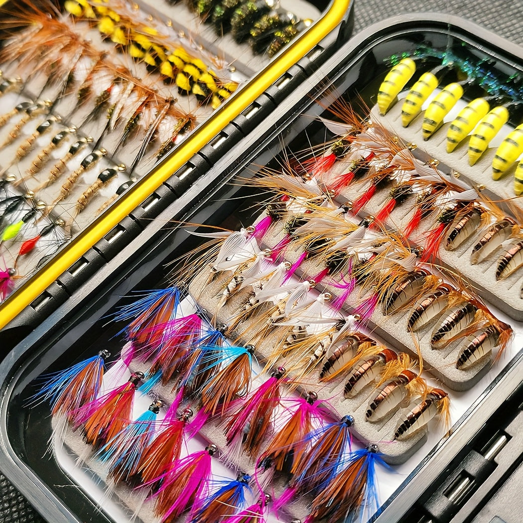 Assortiment de 114 mouches de pêche à la mouche avec boîte portable - 11 styles mixtes de mouches sèches/noyées, nymphes et streamers, hameçons de taille 10 pour truite, bar, saumon, steelhead et carpe - Eau douce et eau de mer