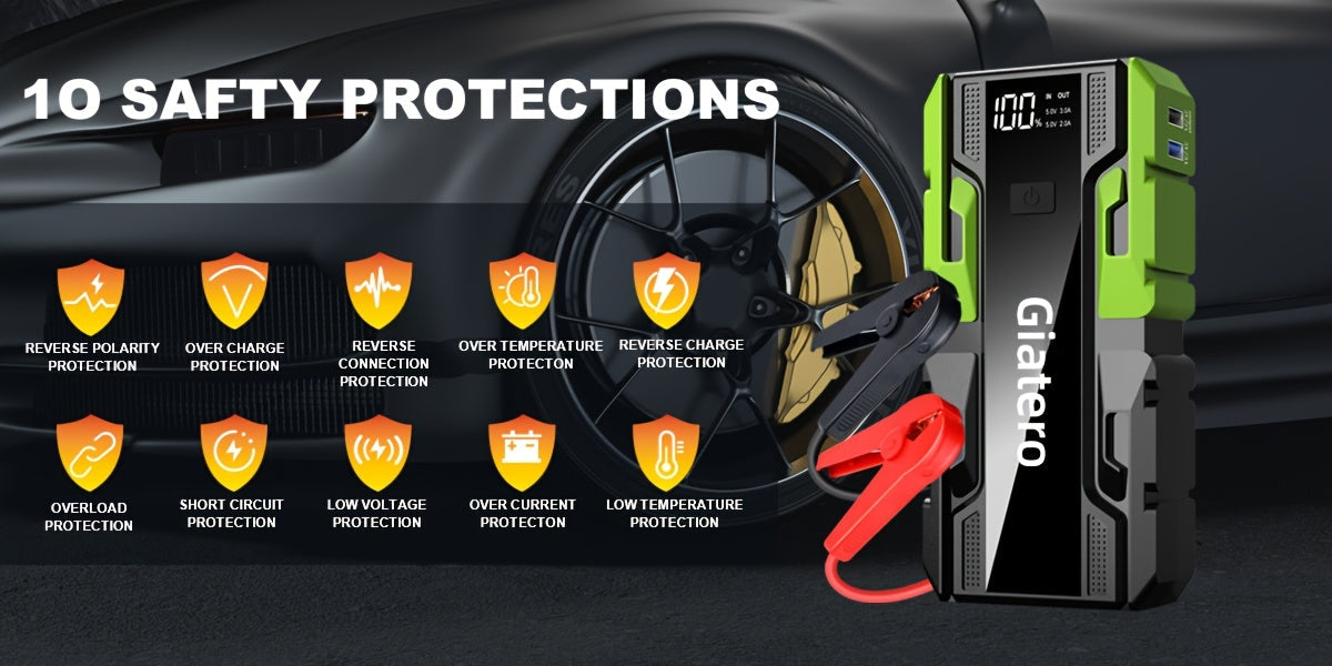 Démarreur de voiture portable 12 V avec compresseur d'air intégré – Booster de batterie d'urgence pour moteurs essence (14 L) et diesel (12 L), camions et voitures, alimentation de secours pour démarrage