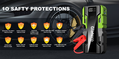Démarreur de voiture portable 12 V avec compresseur d'air intégré – Booster de batterie d'urgence pour moteurs essence (14 L) et diesel (12 L), camions et voitures, alimentation de secours pour démarrage