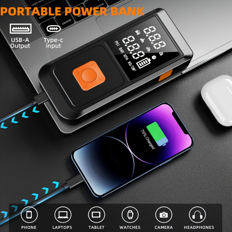 Démarreur de batterie portable 6000 mAh avec compresseur d'air 150 PSI, affichage numérique, charge USB-C, éclairage LED et double protection de sécurité pour voitures, camions et SUV - Kit d'urgence pour voyages et camping en plein air
