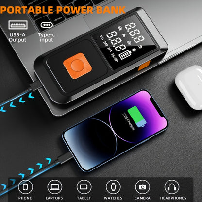 Démarreur de batterie portable 6000 mAh avec compresseur d'air 150 PSI, affichage numérique, charge USB-C, éclairage LED et double protection de sécurité pour voitures, camions et SUV - Kit d'urgence pour voyages et camping en plein air