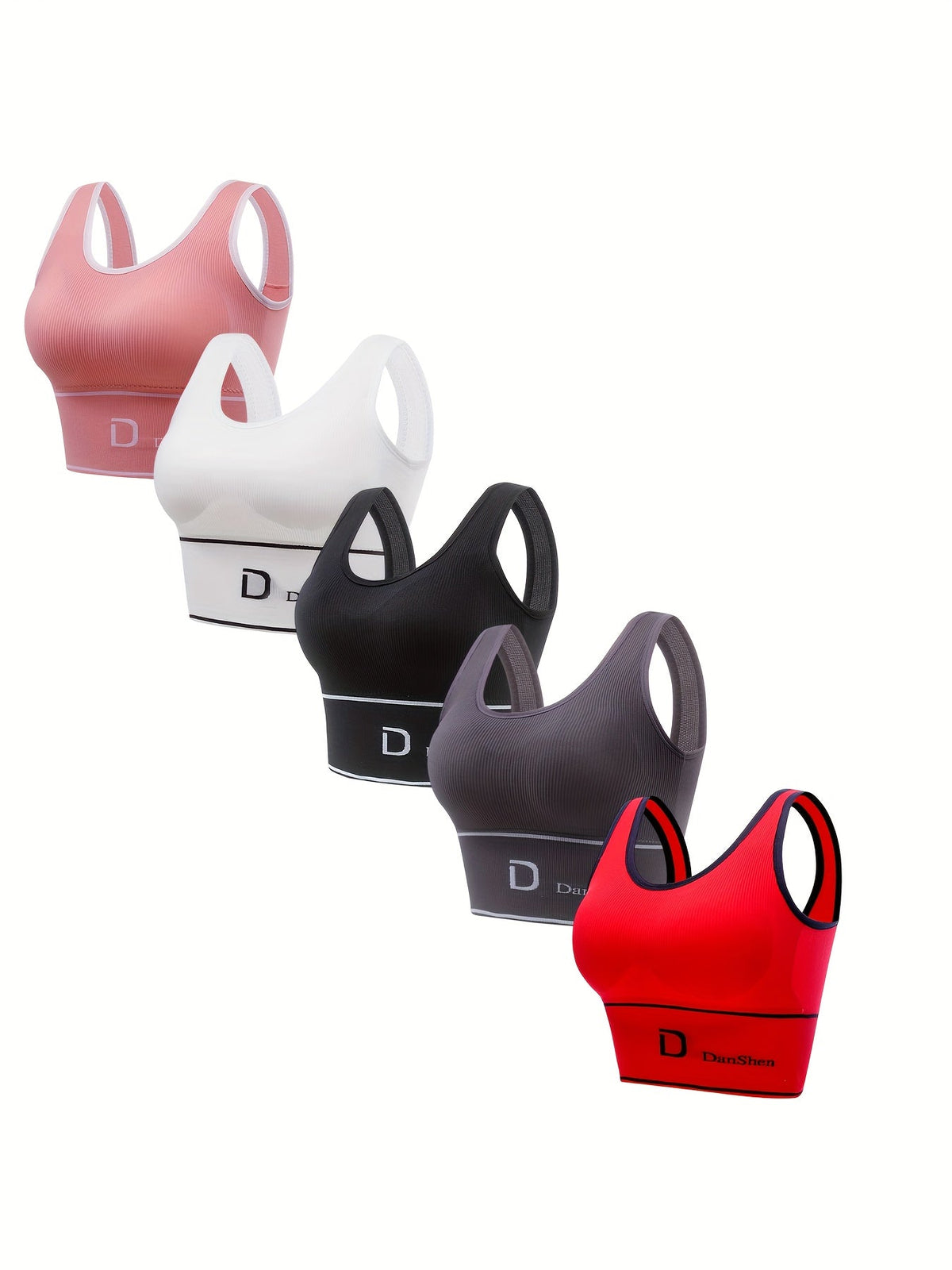 Lot de 5 brassières de sport sans fil – Brassière en nylon haute élasticité à couvrance totale pour yoga, course à pied, salle de sport, respirante et lavable en machine, couleurs assorties, imprimé DANSHEER, pack de brassières de sport pour femmes