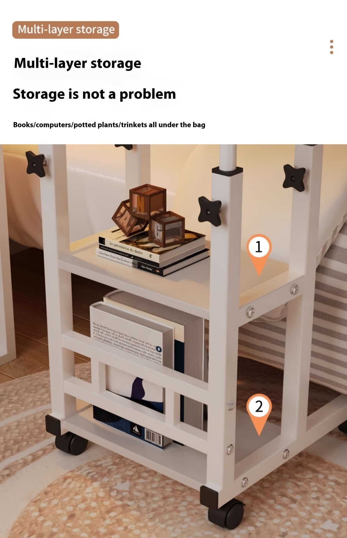 Table pour ordinateur portable réglable en hauteur avec 4 roulettes et double étagère – Bureau poste de travail mobile pour chevet, dortoir, bureau, salon, structure en acier robuste, design gain de place