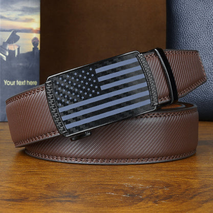 Lot de 2 ceintures à cliquet en cuir refendu pour homme – Motif drapeau américain avec boucle automatique en alliage, ceintures réglables style golf et décontracté en noir et marron, tailles 110 cm à 130 cm (tour de taille 76 cm-112 cm)