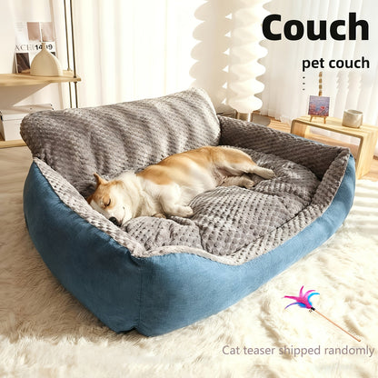 Canapé-lit de luxe en peluche pour animaux avec dossier haut – Panier pour chiens et chats épais, chaud et lavable, confort toutes saisons, housse facile à nettoyer, tailles S L XL, bleu gris