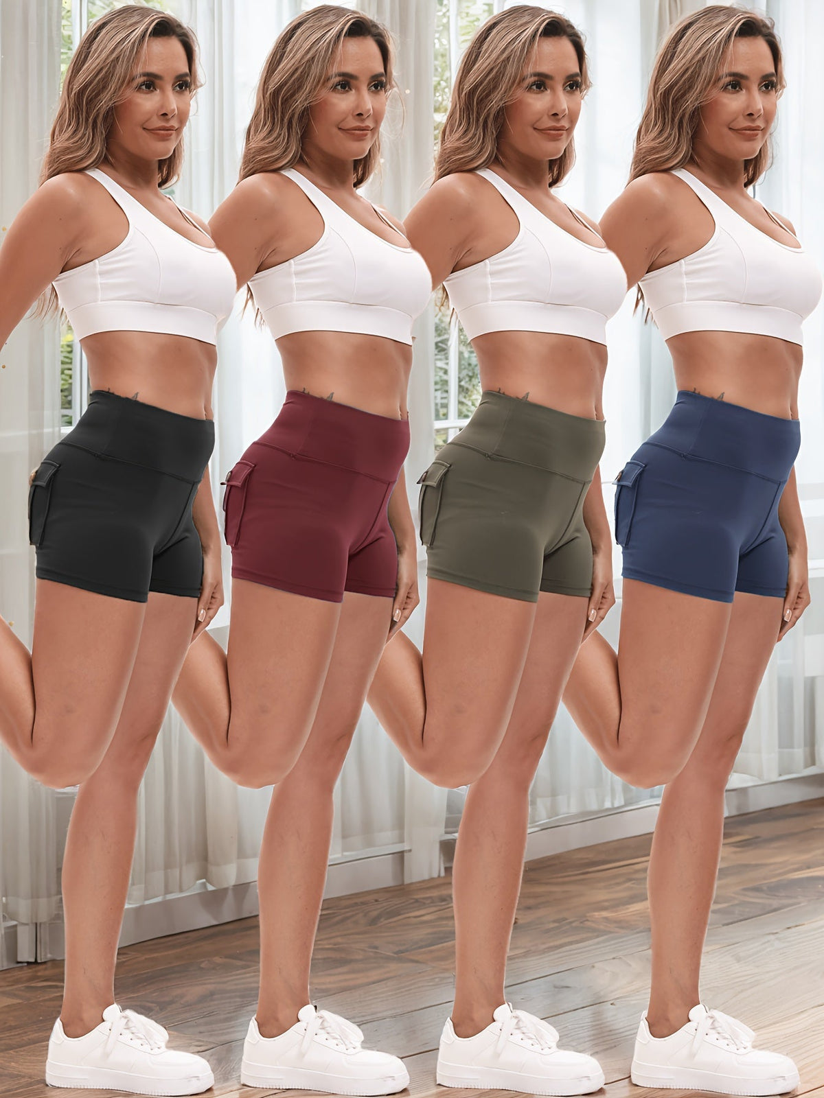 Ensemble de 4 shorts de yoga ultra-extensibles pour femmes – Shorts de fitness galbants à séchage rapide avec taille élastique et 2 poches, short de sport uni pour la gym, la course et le Pilates, S-XXL