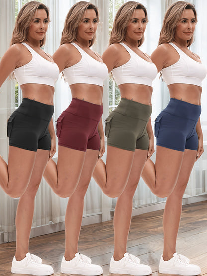 Ensemble de 4 shorts de yoga ultra-extensibles pour femmes – Shorts de fitness galbants à séchage rapide avec taille élastique et 2 poches, short de sport uni pour la gym, la course et le Pilates, S-XXL