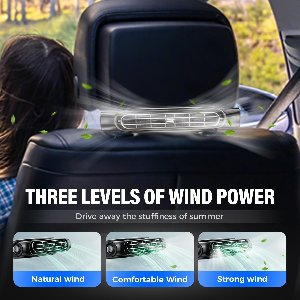 Ventilateur de voiture USB sans pales à 3 vitesses, refroidissement silencieux – Ventilateur de siège plug-and-play avec câble USB, restez au frais dans les embouteillages, ajustement universel pour tous les modèles de voiture, blanc et noir