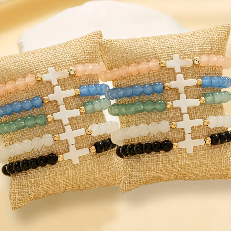 Lot de 10 bracelets bohèmes en perles de verre avec croix – Bracelets élastiques multi-rangs empilables avec accents en zircon et alliage de zinc, bijoux élégants pour le quotidien, les fêtes et les cadeaux
