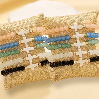 Lot de 10 bracelets bohèmes en perles de verre avec croix – Bracelets élastiques multi-rangs empilables avec accents en zircon et alliage de zinc, bijoux élégants pour le quotidien, les fêtes et les cadeaux