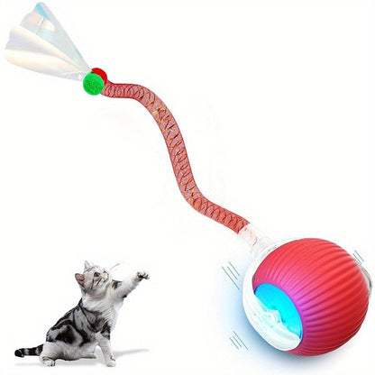 Jouet balle pour chat à roulement automatique, balle interactive électrique avec queue en filet élastique, balle intelligente à mouvement rapide pour jeu en intérieur sur tapis ou sol pour chats et chatons
