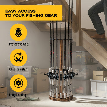 Support de cannes à pêche circulaire en bois, capacité 16 cannes, organisateur gain de place pour garage, abri de jardin ou espace détente – Options rotatif à 360° ou fixe, construction en bois robuste, cadeau pour pêcheur