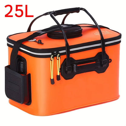 Seau de pêche pliable de 25 L – Conteneur à appâts vivants en EVA, sac de conservation de poissons multifonctionnel et portable pour la pêche à la carpe et en eau douce, cadeau pour homme (bleu/orange)