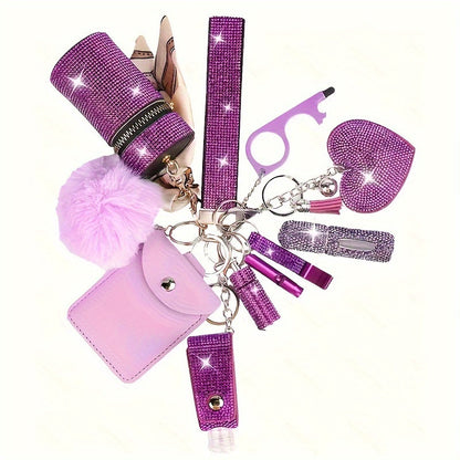 Ensemble de 11 porte-clés à strass pour femmes – Anneau multifonction avec porte-carte, pilulier, sifflet, flacon de parfum et pochette de rangement, cadeau idéal pour elle