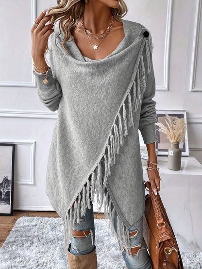 Women's Fringed Shawl Cardigan with Draped Neckline - Fringe Trim Wrap Sweater for Fall Winter, Solid Color Loose Knit Poncho Shawl S M L XL XXL