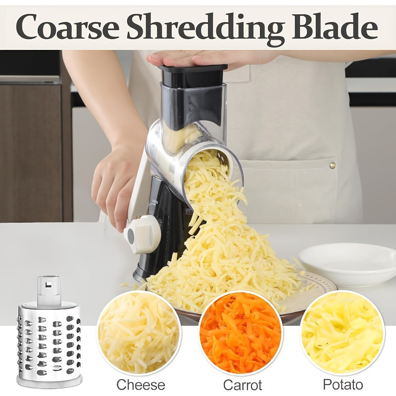 Râpe à fromage rotative manuelle avec 3 lames interchangeables - Base à ventouse antidérapante, brosse de nettoyage incluse, pour fromage frais, légumes et noix, cadeau d'ustensile de cuisine