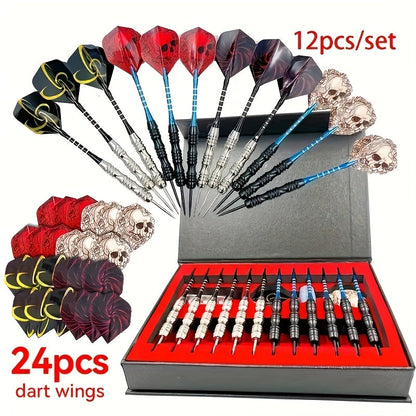 Ensemble de fléchettes à pointe en acier avec ailettes tête de mort – Coffret cadeau deluxe, pointe en fer et tige en alliage d'aluminium, tailles multiples – pour divertissement en club, compétitions sportives et parties de fléchettes décontractées