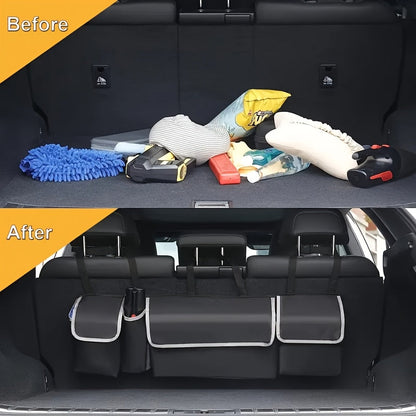 Organisateur de coffre de voiture à suspendre au siège arrière avec 4 poches, sac de rangement pliable pour SUV, camion, monospace et fourgon – Organisateur de rangement intérieur noir à poches multiples pour les voyages et l'usage quotidien