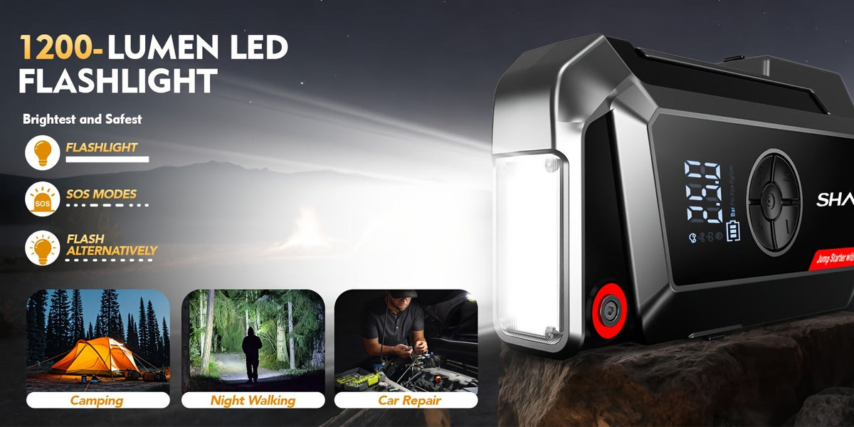 Démarreur de voiture 20000A avec compresseur d'air, batterie externe portable 18-en-1 – Pinces intelligentes, charge rapide, lampe LED, grand écran pour tous moteurs essence et diesel, booster de batterie de voiture d'urgence