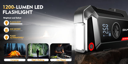 Démarreur de voiture 20000A avec compresseur d'air, batterie externe portable 18-en-1 – Pinces intelligentes, charge rapide, lampe LED, grand écran pour tous moteurs essence et diesel, booster de batterie de voiture d'urgence