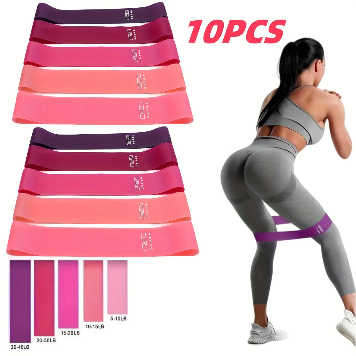 Kit de bandes de résistance 10-11 pièces en TPE pour femmes – Ensemble d'entraînement complet pour yoga, Pilates, gym et musculation, bandes d'exercice robustes pour squats profonds et étirements, rose avec sac de rangement