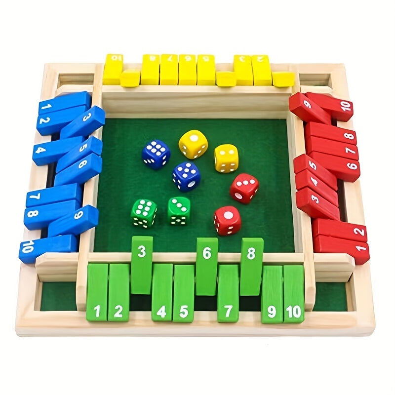 Jeu de mathématiques avec dés numérotés en bois – Plateau à quatre couleurs avec 8 dés colorés, jeu de société familial stimulant pour enfants et adultes