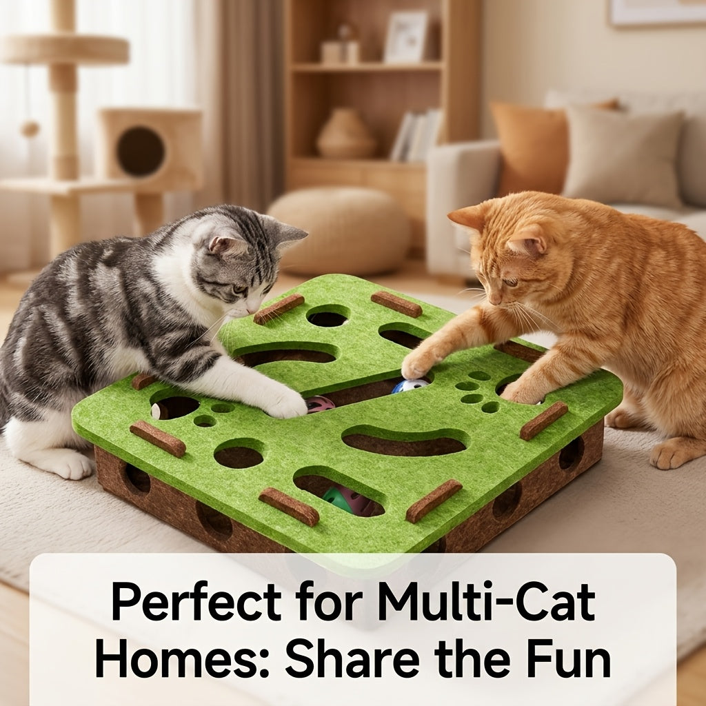 Plateau de jeu labyrinthe pour chat en feutre – Boîte de jeu éducative interactive de récupération de balles, montage sans outils, couvercle amovible pour un nettoyage facile, feutre épais anti-rayures, modèle amélioré, vert